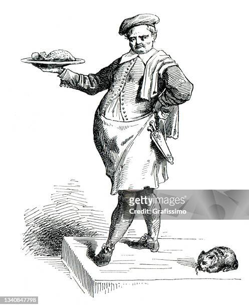 illustrations, cliparts, dessins animés et icônes de cuisinier présentant un repas cuisiné dessin du 17ème siècle - chef restaurant