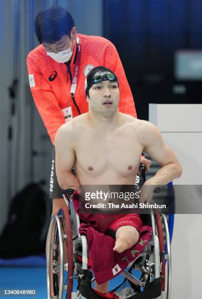 Takayuki Suzuki of Team Japan reacts after missing the gold medal after competing in the Swimming Men's 50m Freestyle - S4 Final on day 9 of the...
