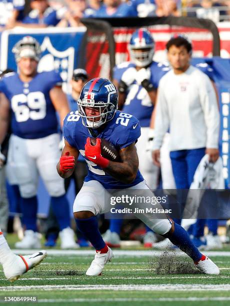 Devontae Booker of the New York Giants in action against the Denver Broncos at MetLife Stadium on September 12, 2021 in East Rutherford, New Jersey....