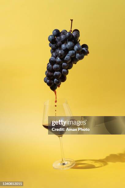 bodegón con uvas negras y vino tinto fluyendo en una copa sobre fondo amarillo - uva fotografías e imágenes de stock