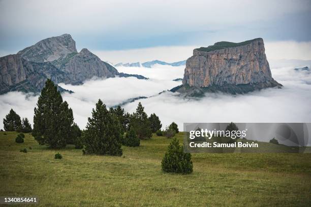 beautiful view on the mont aiguille and the valley of chichilianne drowned in a sea of clouds - vercors photos et images de collection