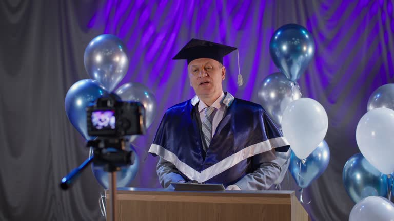 Male Rector graduation online, adult male rector of institute conducts ceremonial ...