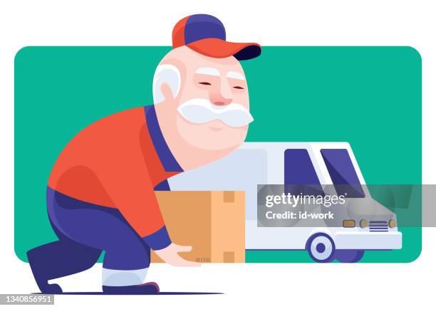 senior courier carrying carton - old people exercise cartoon stock illustrations