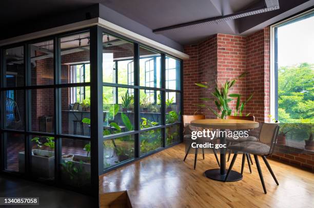 eco-friendly co-working space - building feature stock pictures, royalty-free photos & images