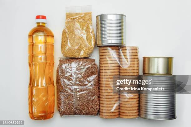 food products  in packages on white background. - food box stock pictures, royalty-free photos & images