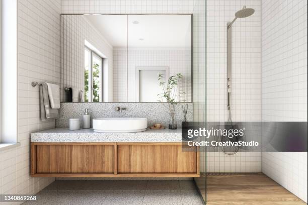 modernes badezimmer interieur stockfoto - white tiles stock-fotos und bilder