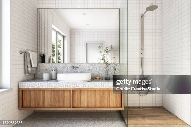 modern bathroom interior stock photo - men taking a shower stockfoto's en -beelden