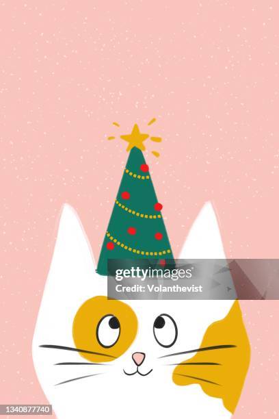 cute cat illustration with a christmas tree hat - funny illustrations stock-fotos und bilder