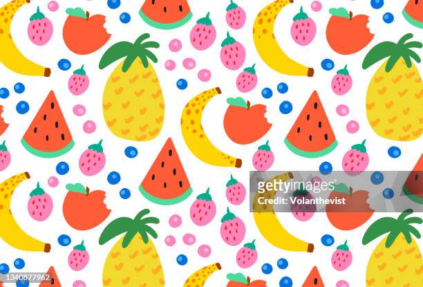 tutti frutti fruits illustration on white background - kawaii food stock pictures, royalty-free photos & images