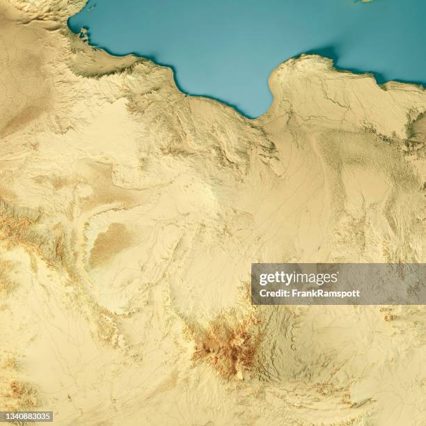 libia 3d render mapa topográfico color - libia fotografías e imágenes de stock