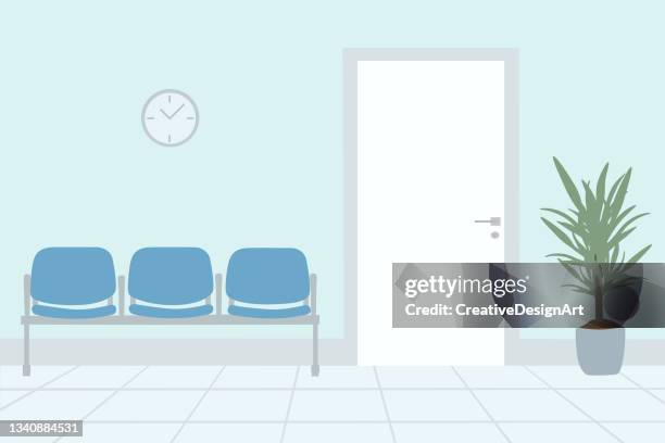 waiting hall in the hospital with empty blue seats - door 幅插畫檔、美工圖案、卡通及圖標