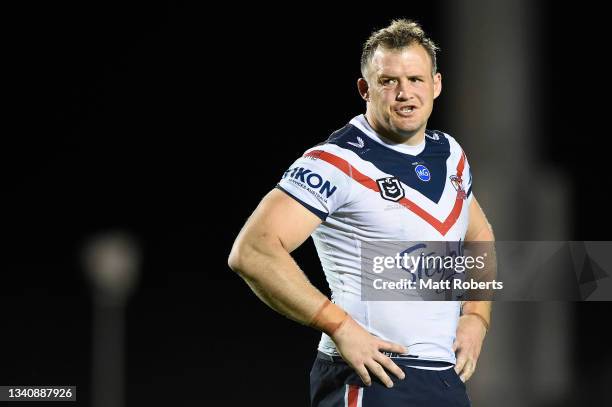 Josh Morris of the Roosters reacts during the NRL Semi-Final match between the Manly Sea Eagles and the Sydney Roosters at BB Print Stadium on...