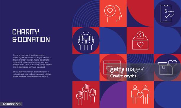 charity and donation related design with line icons. simple outline symbol icons. - volunteerism stock illustrations