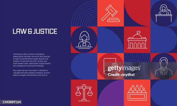 law and justice related design with line icons. simple outline symbol icons. - scale infographic stock illustrations