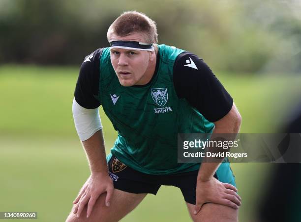 Paul Hill looks on during the Northampton Saints training session held at Franklin's Gardens on September 16, 2021 in Northampton, England.
