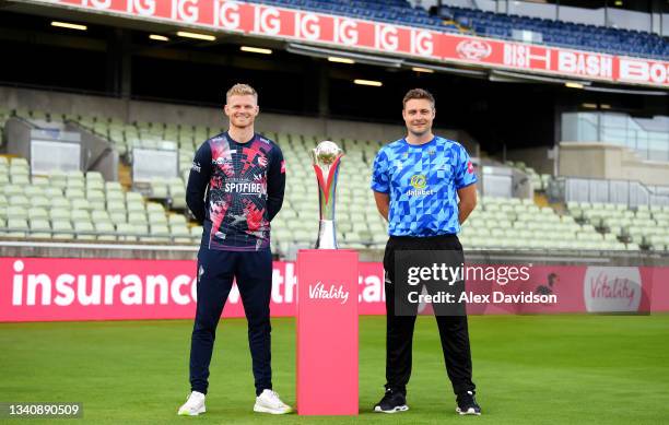 Kent Captain, Sam Billings and Sussex Captain, Luke Wright pose with the Vitality T20 Blast trophy ahead of Vitality T20 Blast Finals Day at...