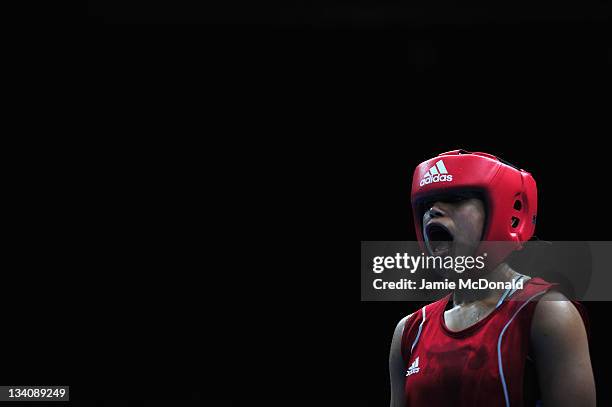 Natasha Jonas of Great Britain looks on during her quaterfinal, 57kg-60kg bout at ExCel on November 25, 2011 in London, England.