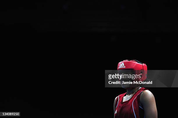 Natasha Jonas of Great Britain looks on during her quaterfinal, 57kg-60kg bout at ExCel on November 25, 2011 in London, England.