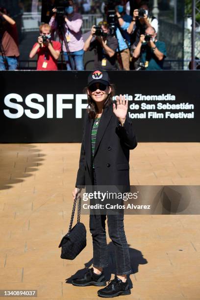 Marion Cotillard arrives at the Maria Cristina Hotel during the 69th San Sebastian International Film Festival on September 17, 2021 in San...