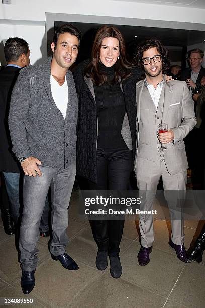 Raphael Khalili, Christina Estrada Juffali and Benjamin Khalili attend a private viewing of 'Art Rocks: Contemporary Jewellery' at Shizaru Gallery on...