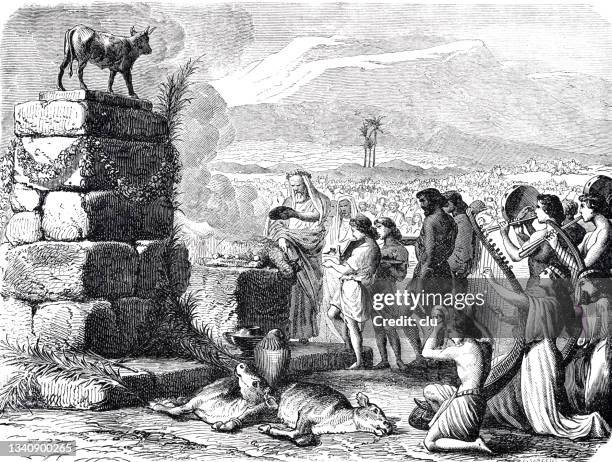 adoration of the golden calf  in 2. moses 32:6 - 1882 stock illustrations