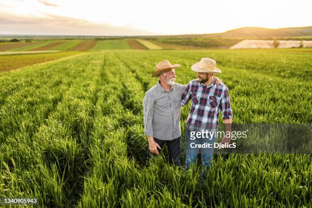 two happy farmers walking on an agricultural field. - agriculture happy stockfoto's en -beelden