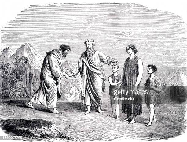 jitro visits moses in the desert  in 2. moses 18:7 - 1882 stock illustrations
