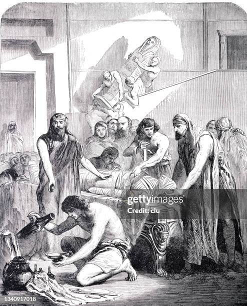embalming of joseph in 1. moses 50:26 - mummy pattern stock illustrations
