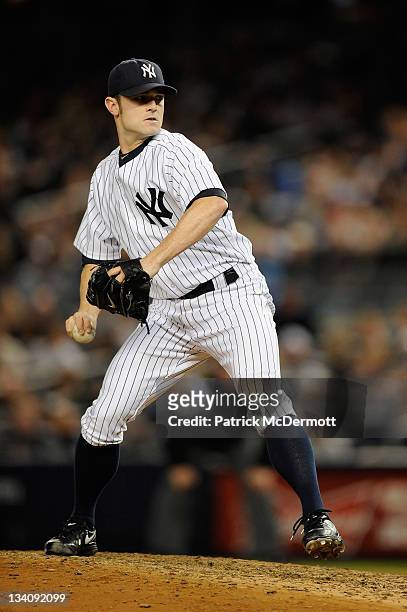 David Robertson of the New York Yankees throws a pitch against the Detroit Tigers during Game Five of the American League Championship Series at...