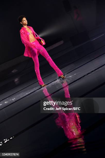 Model walks the runway at the David Koma show during London Fashion Week September 2021at London Aquatics Centre Olympic Park on September 17, 2021...