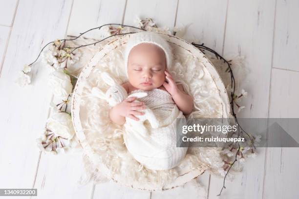 8 days old newrbon baby girl embrassing a stuffed  bunny - baby bunny stockfoto's en -beelden