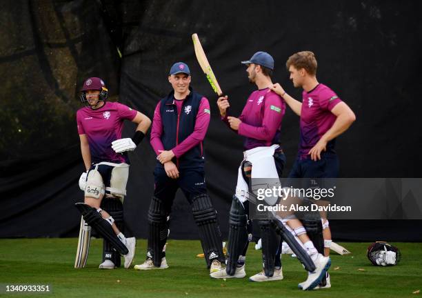 Josh Davey, Tom Banton, Ben Green and Tom Lammonby of Somerset look on during a Somerset Net session ahead of Vitality T20 Blast Finals Day at...