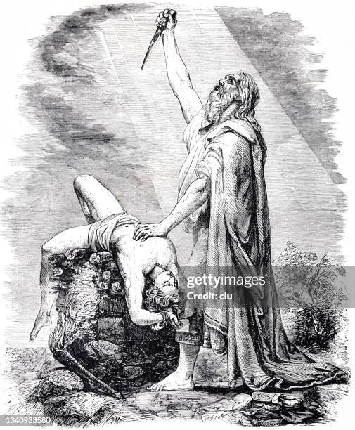 the attempted sacrifice of isaac  in 1. moses 22:10 - abraham stock illustrations