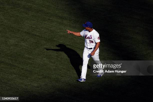 Luis Rojas of the New York Mets signals for a pitching change during the fifth inning against the Washington Nationals at Citi Field on August 11,...
