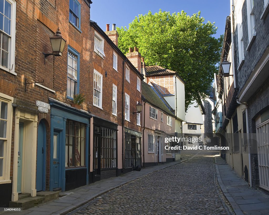 View along historic Elm Hill, Norwich, England