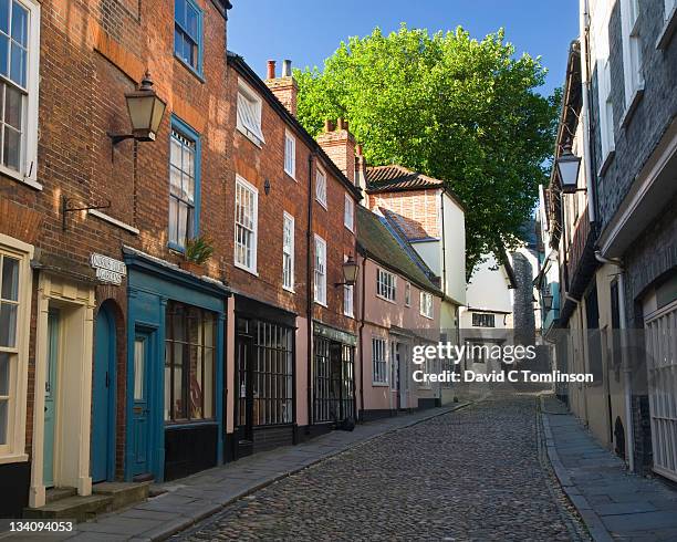 view along historic elm hill, norwich, england - hill street stock pictures, royalty-free photos & images