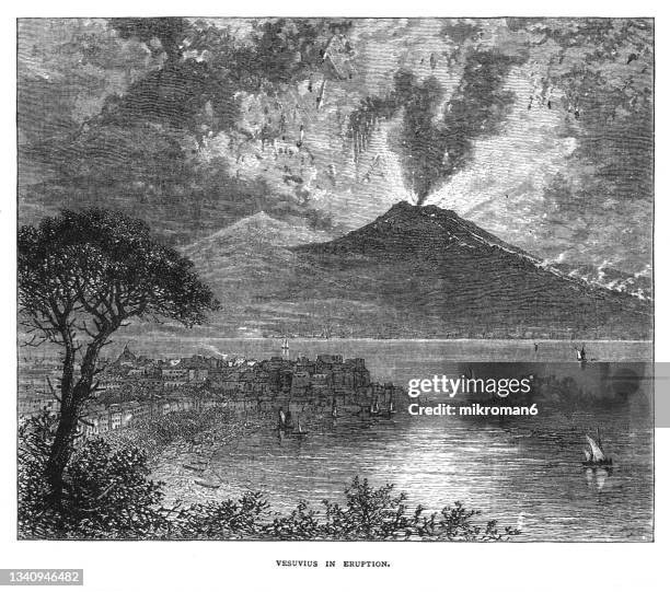 old illustration of the interior of vesuvius in eruption - vesuvio fotografías e imágenes de stock