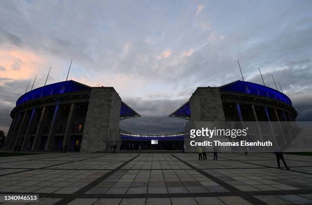 General view outside the stadium prior to the Bundesliga match between Hertha BSC and SpVgg Greuther Fürth at Olympiastadion on September 17, 2021 in...