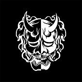 Black And White Traditional Japanese Oni Mask Tattoo T-shirt Lifestyle Design Branding Identity Illustration