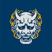 Trendy, Youthful Traditional Japanese Oni Mask Tattoo T-shirt Lifestyle Design Branding Identity Illustration