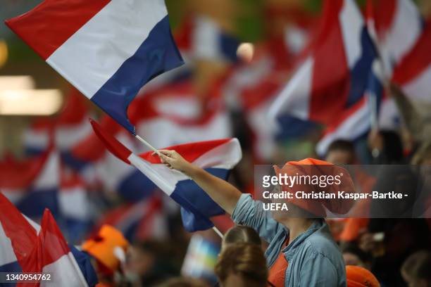 Fans are seen prior to the FIFA Women's World Cup 2023 Qualifier group C match between Netherlands and Czech Republic at Euroborg on September 17,...