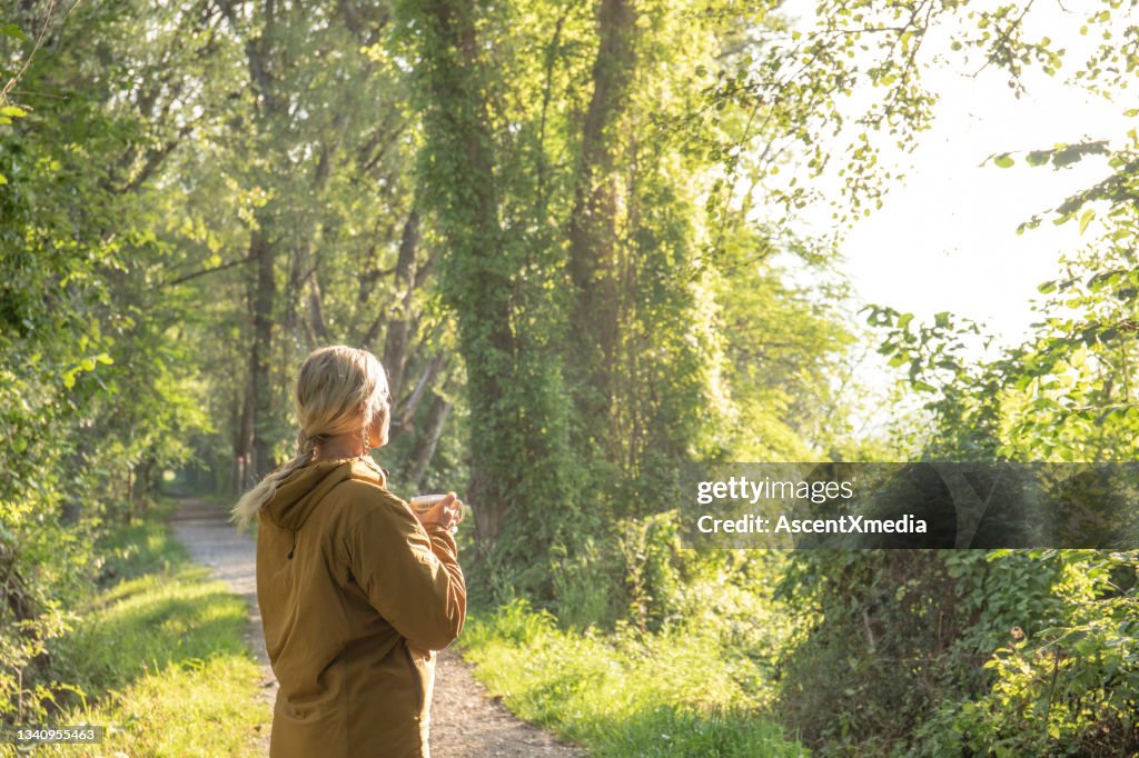 Woman pauses on forested trail before morning hike