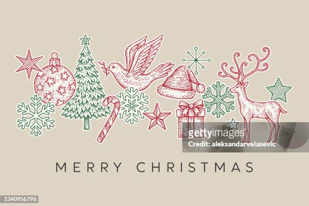 ilustraciones, imágenes clip art, dibujos animados e iconos de stock de tarjeta de navidad dibujada a mano - hand drawn christmas card with reindeer