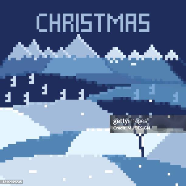 stockillustraties, clipart, cartoons en iconen met pixel art snowy landscape at christmas - number 16