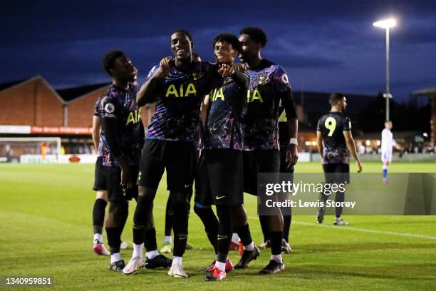 Tobi Omole of Tottenham Hotspur celebrates with Brooklyn Lyons-Foster after scoring their side's third goal during the Premier League 2 match between...