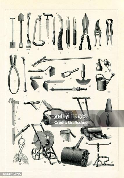 illustrazioni stock, clip art, cartoni animati e icone di tendenza di attrezzature attrezzi per il giardinaggio 1896 - gardening equipment