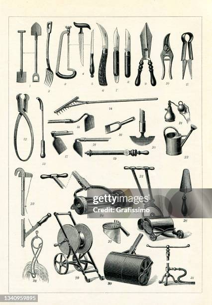 equipment tools for gardening 1896 - gardening equipment stock illustrations