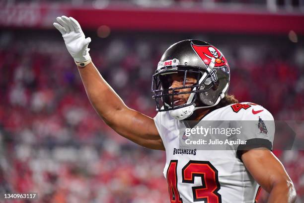 Ross Cockrell of the Tampa Bay Buccaneers waves during the first half against the Dallas Cowboys at Raymond James Stadium on September 09, 2021 in...