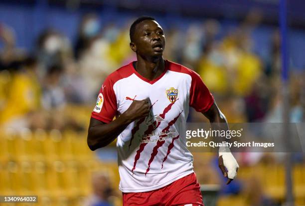 Umar Sadiq of UD Almeria celebrates after scoring his team's first goal during the LaLiga Smartbank match between AD Alcorcon and UD Almeria at...