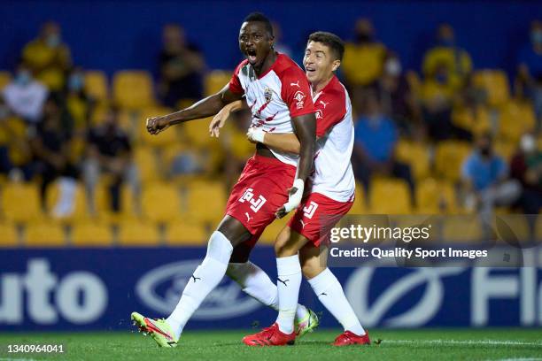 Umar Sadiq of UD Almeria celebrates after scoring his team's second goal during the LaLiga Smartbank match between AD Alcorcon and UD Almeria at...